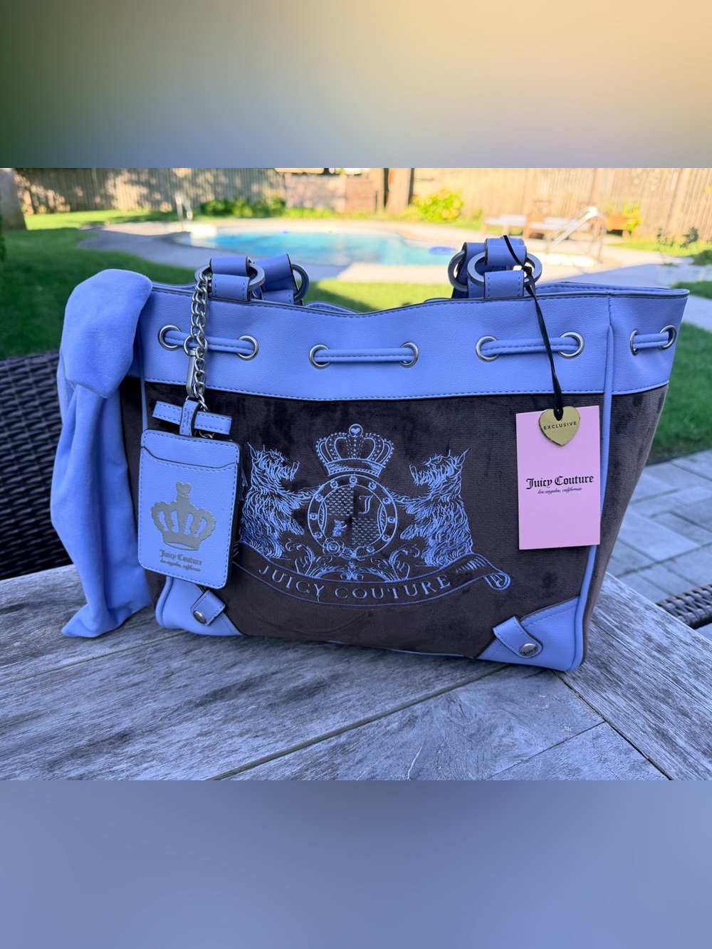 Juicy Couture Daydreamer Scotti Dogs Tote Bag Chocolate & Belair Blue NWT